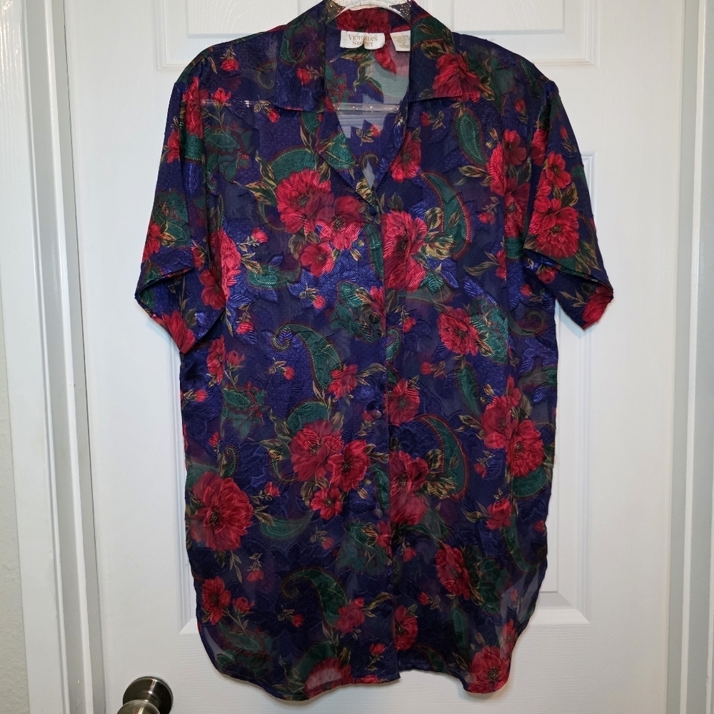 VTG Victorias Secret VS Button Up Shirt Lingerie Purple Floral Size S Gold Label